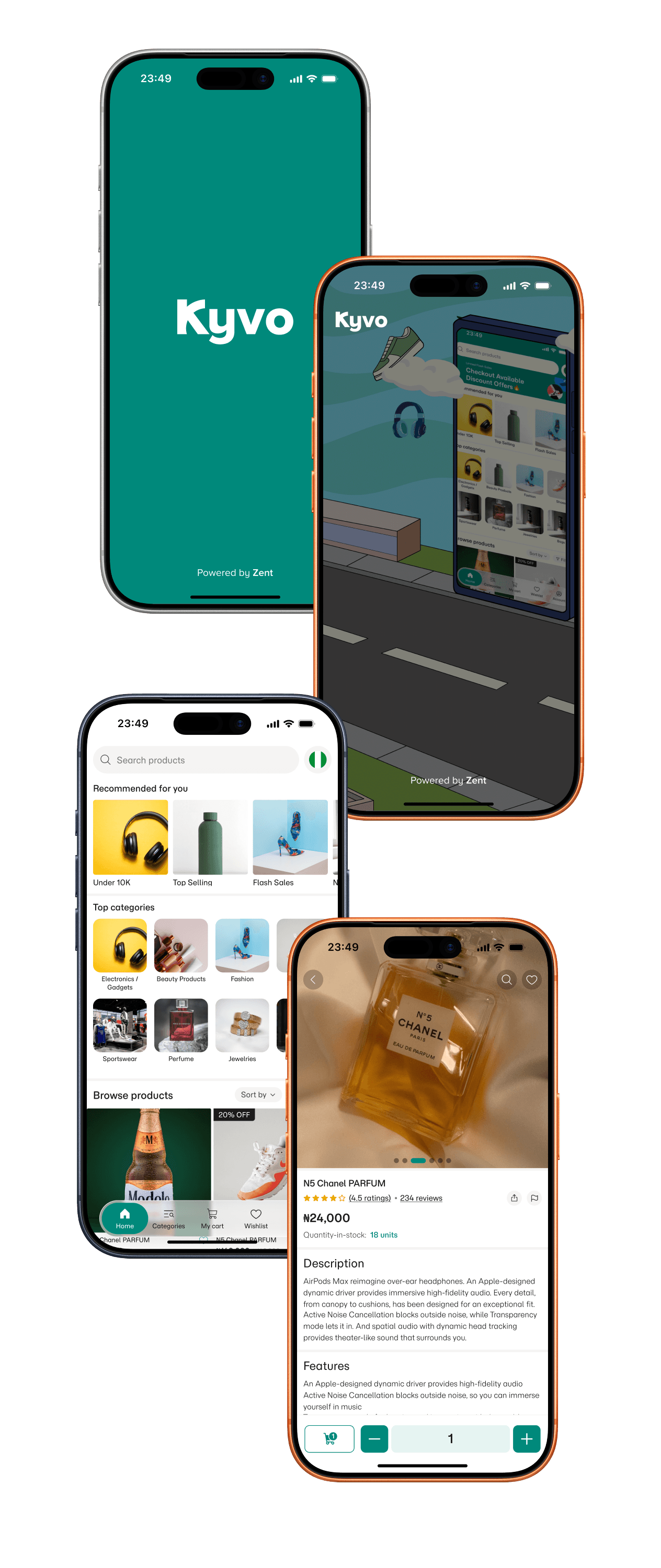 Kyvo app screens: splash, home, categories and a product page