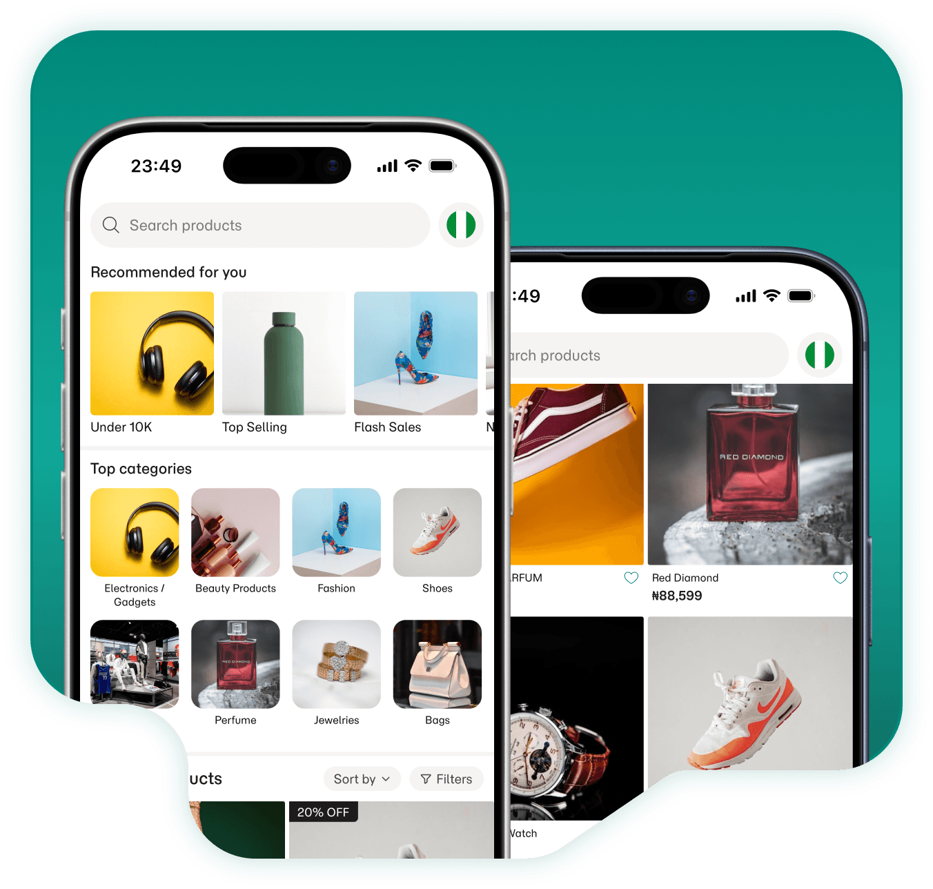 The Kyvo marketplace app on two phones